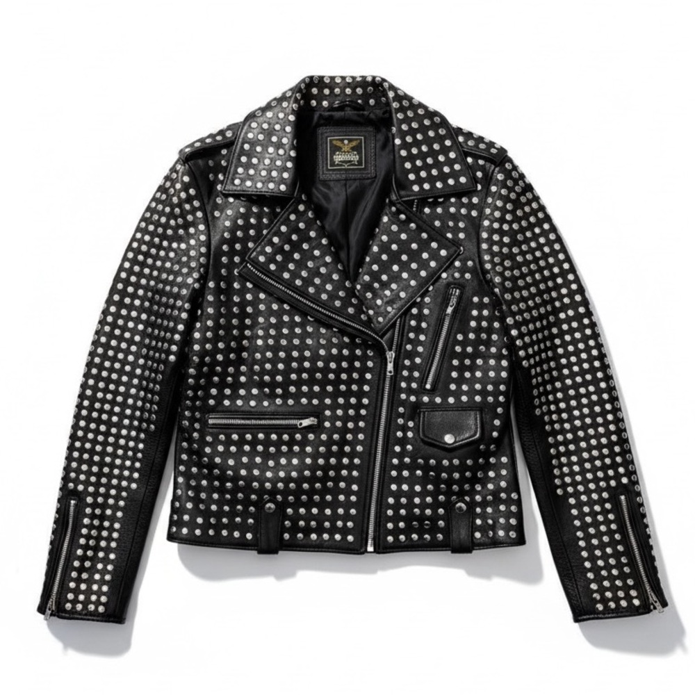 VTG Custom Studded Cowhide Leather Moto Jacket Womens L Black Biker
